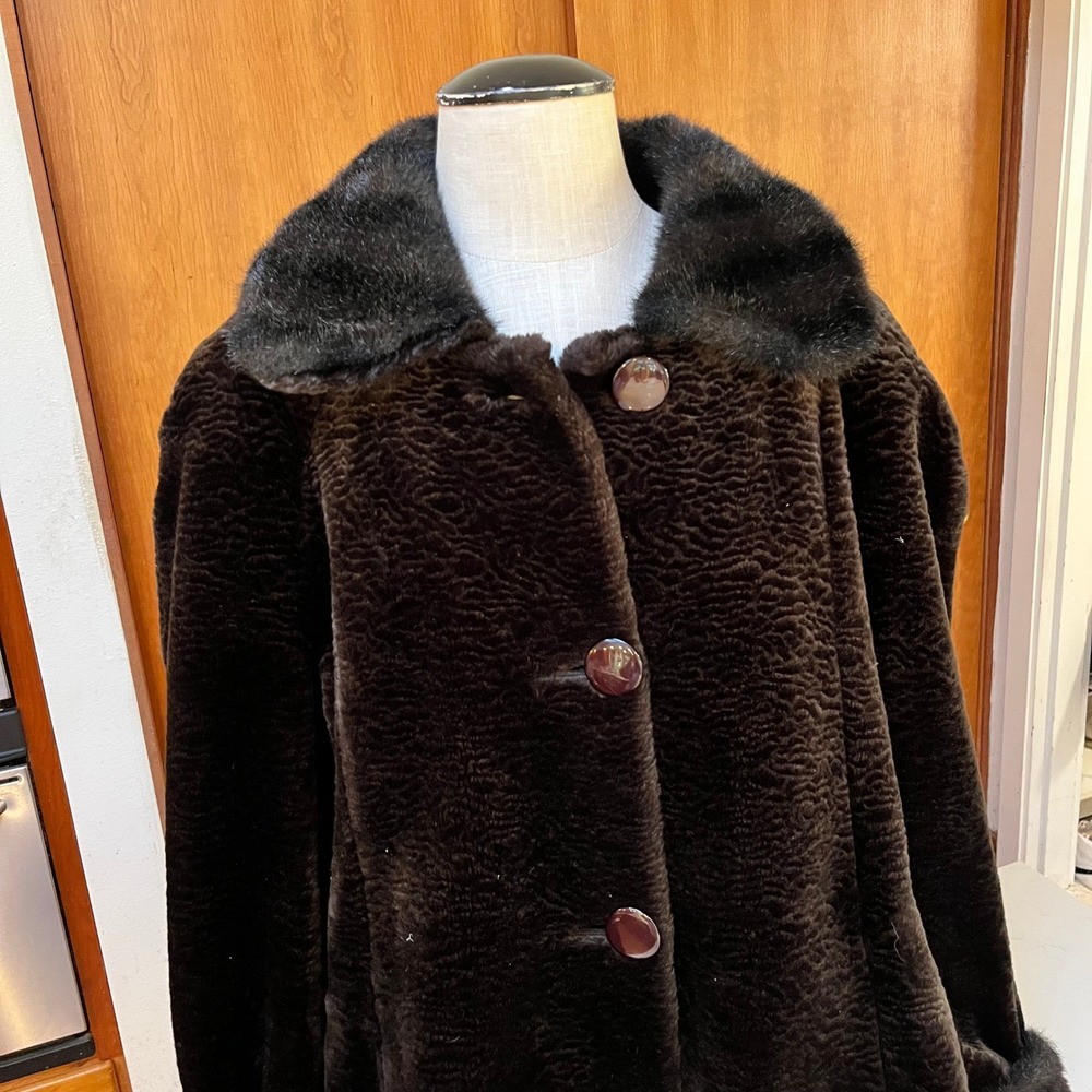 Vintage Faux Fur Swing Coat Dark Brown Textured Black Trim‎ Mid Century Style